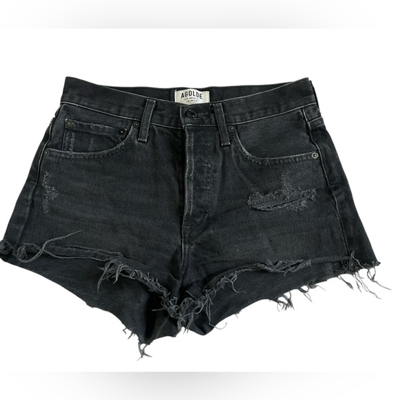 Agolde Parker High Rise Distressed Black Denim Shorts Button Fly Cutoff Size 24 - Picture 1 of 5